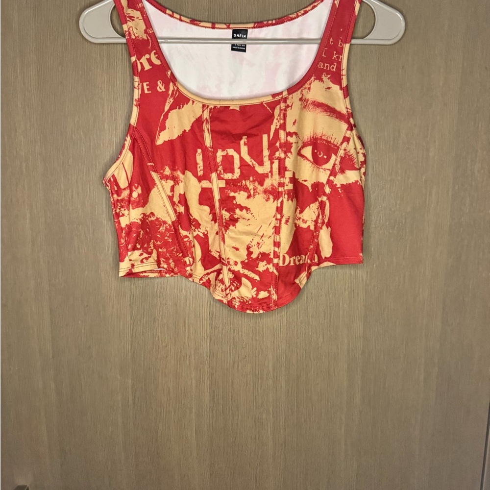 SHEIN Red and Yellow Graphic Crop Top